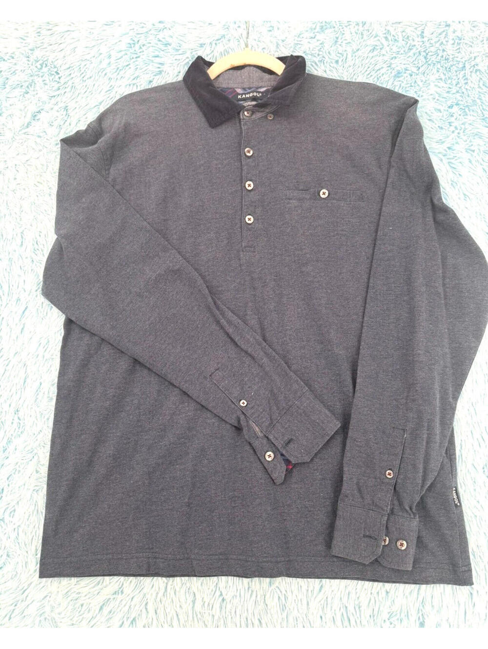 KANGOL Men’s L Gray Long Sleeve Polo Shirt Plaid Flip Cuffs Corduroy Collared